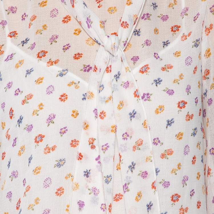 Pre Owned See by Chloe White Floral Printed Georgette Lace Trim Detailed Blouse M