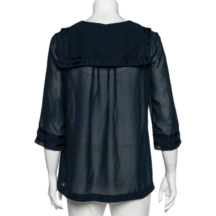 Pre Owned See by Chloe Midnight Blue Crepe Pleated Sailor Collar Blouse XL