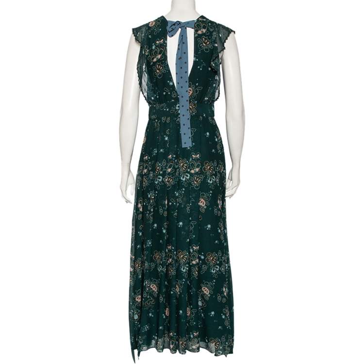 Pre Owned See by Chloe Green Printed Georgette Back Tie Detail Pleated Maxi Dress M