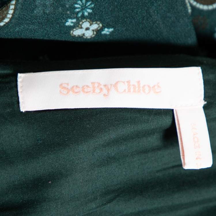 Pre Owned See by Chloe Green Printed Georgette Back Tie Detail Pleated Maxi Dress M