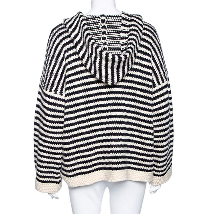 Pre Owned See by Chloe Monochrome Striped Wool Knit Hooded Chunky Sweater M