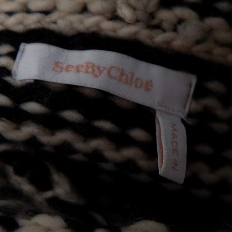 Pre Owned See by Chloe Monochrome Striped Wool Knit Hooded Chunky Sweater M