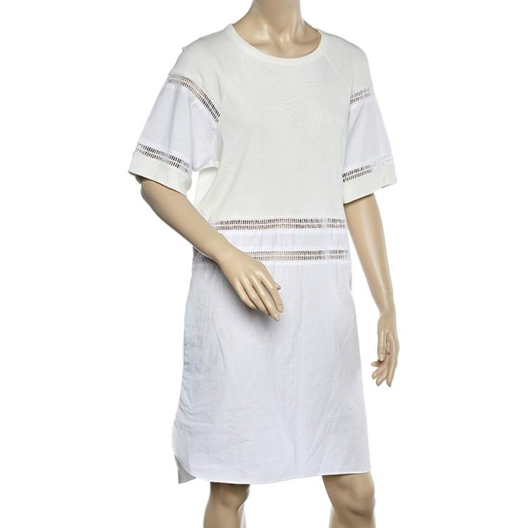 Pre Owned See by Chloe White Cotton & Knit Paneled Midi Dress L