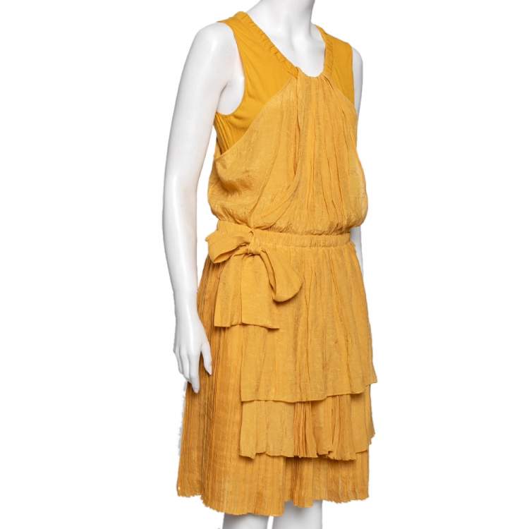 Pre Owned See by Chloe Yellow Knit & Plisse Overlay Detail Sleeveless Mini Dress L