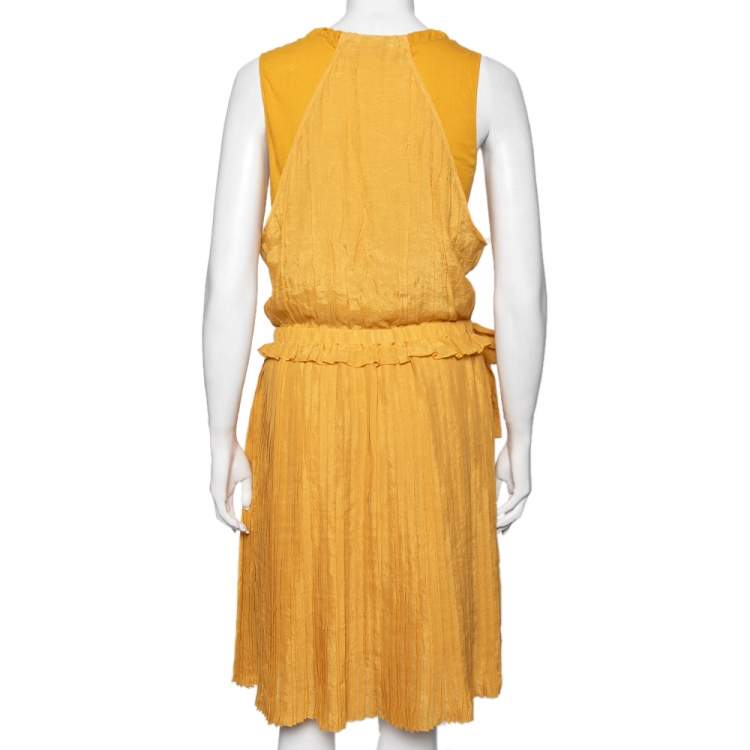 Pre Owned See by Chloe Yellow Knit & Plisse Overlay Detail Sleeveless Mini Dress L