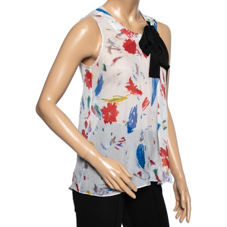 مملوكة مسبقًا See by Chloe Multicolor Silk Neck Tie Detail Sleeveless Sheer Top S