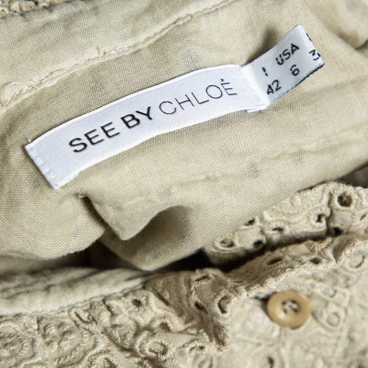 Pre Owned See by Chloe Light Green Embroidered Cutwork Sleeveless Belted Midi Dress M