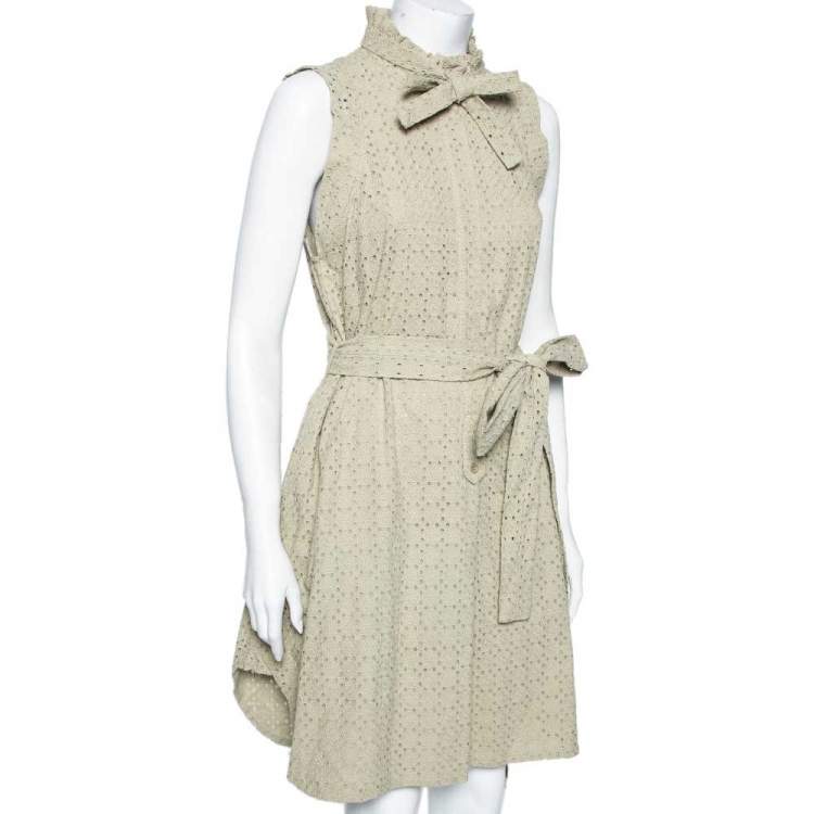 Pre Owned See by Chloe Light Green Embroidered Cutwork Sleeveless Belted Midi Dress M