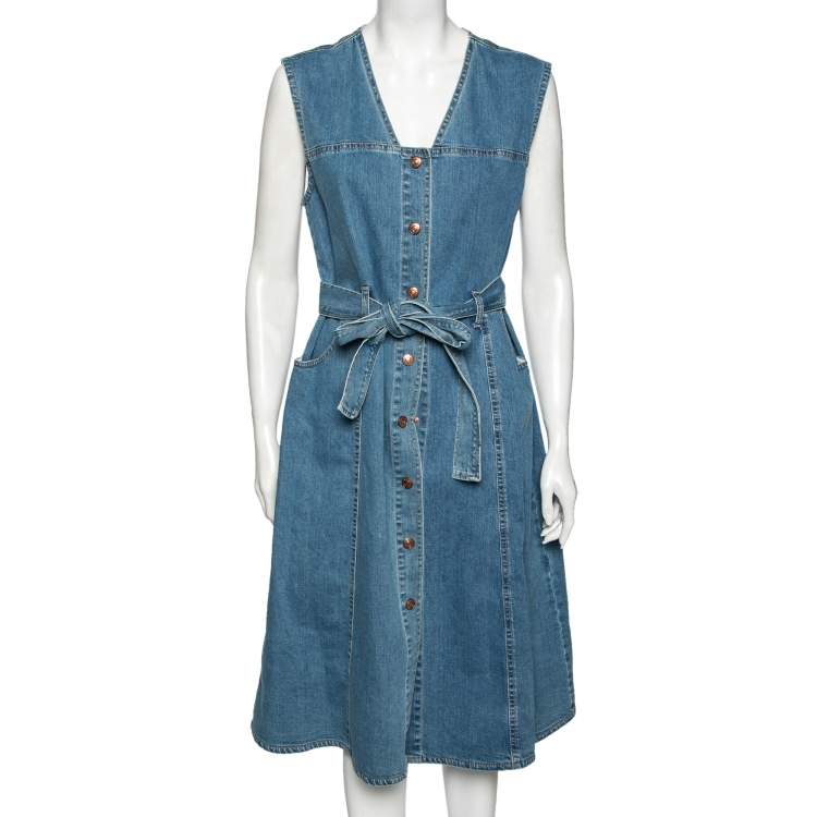 Pre Owned See by Chloe Blue Denim Button Front Belted Sleeveless Dress L