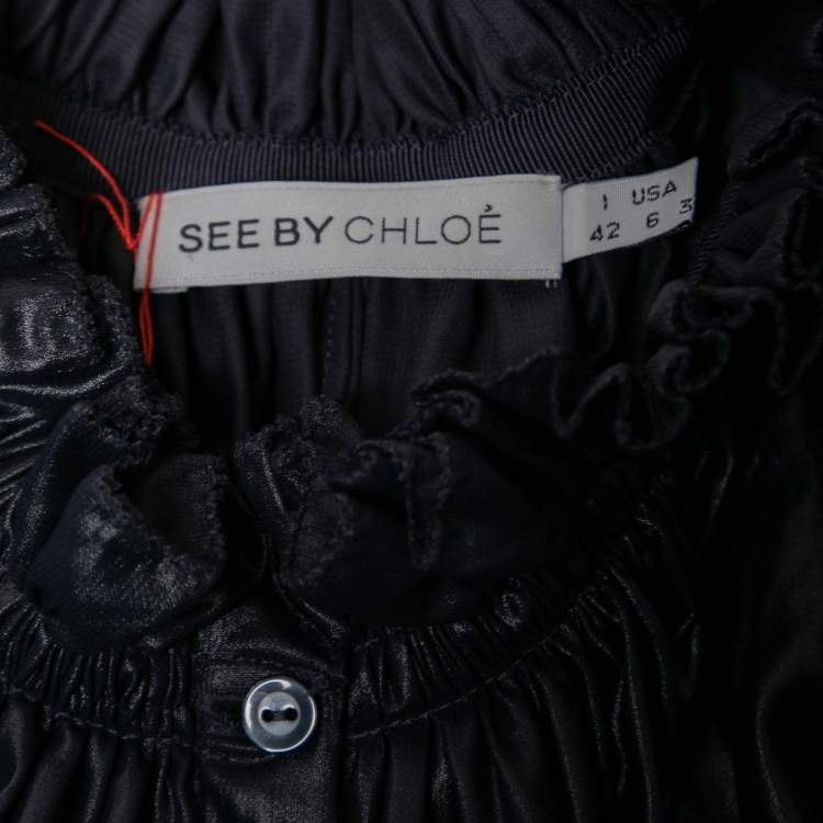 Pre Owned See by Chloe Navy Blue Synthetic Ruffled Button Front Top M