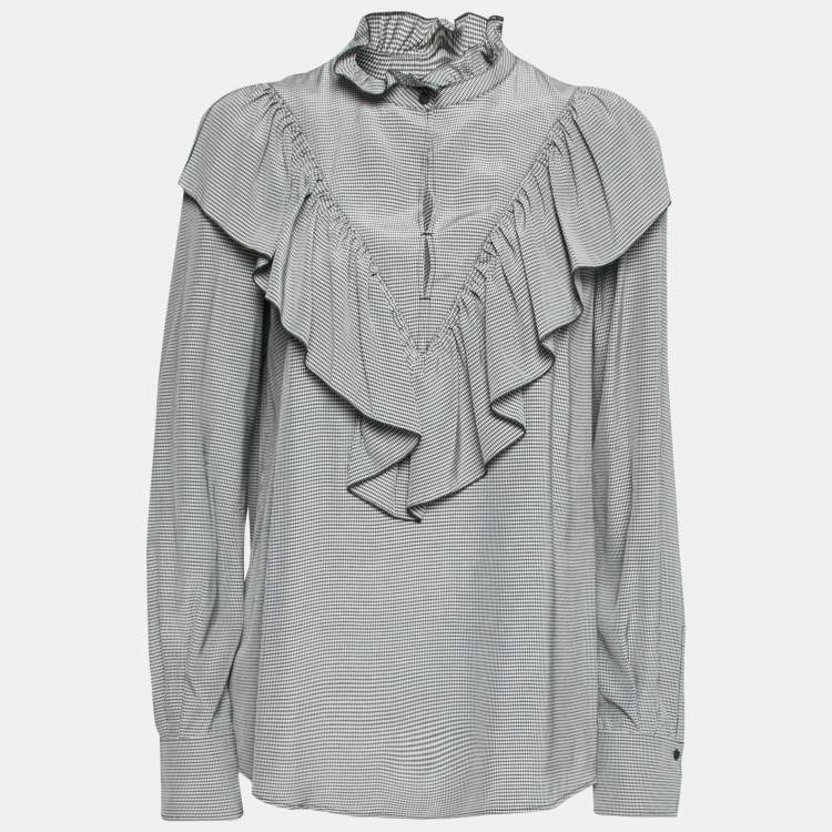 Pre Owned See by Chloe Grey Micro Checked Crepe Ruffle Trimmed Blouse L