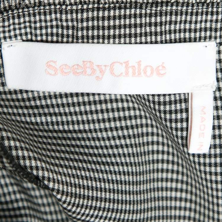 Pre Owned See by Chloe Grey Micro Checked Crepe Ruffle Trimmed Blouse L