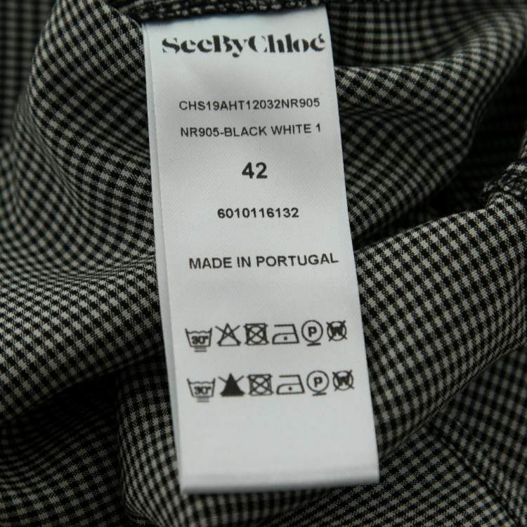 Pre Owned See by Chloe Grey Micro Checked Crepe Ruffle Trimmed Blouse L