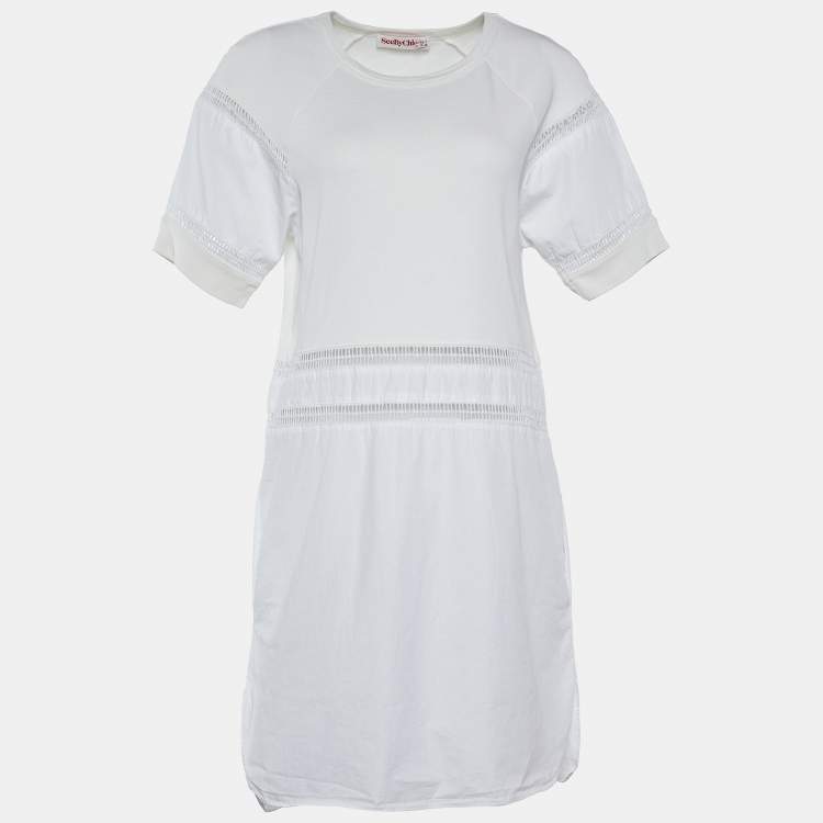 Pre Owned See by Chloe White Cotton Lace Insert Detail Midi Dress M