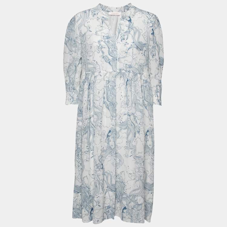 Pre Owned See by Chloe White & Blue Printed Cotton Dress L