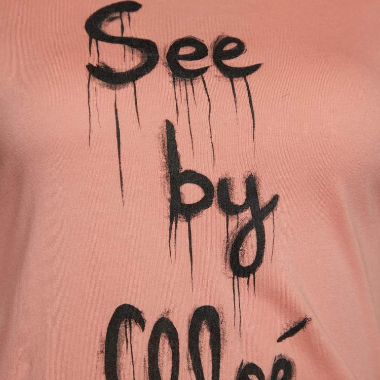 Pre Owned See by Chloe Peach Logo Print Cotton Long Sleeve T-Shirt Dress S