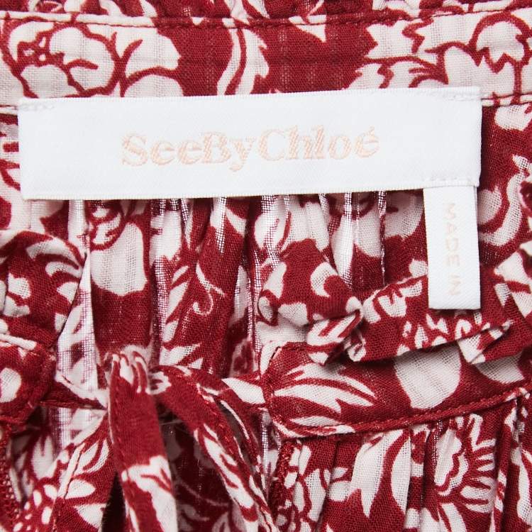 Pre Owned See by Chloe Red Floral Printed Cotton Ruffled Blouse S