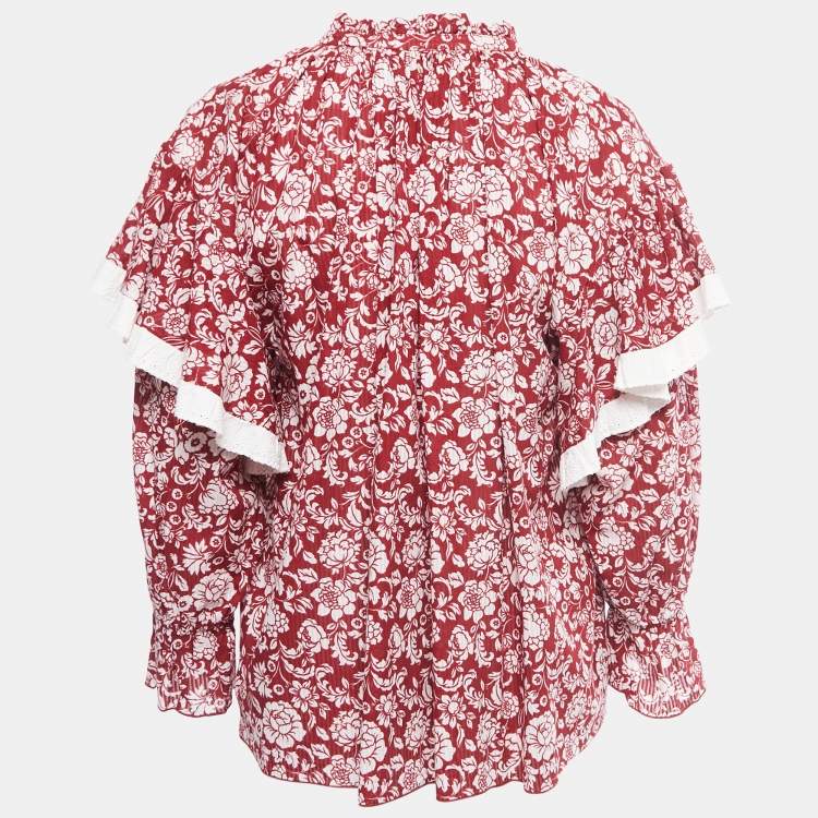 Pre Owned See by Chloe Red Floral Printed Cotton Ruffled Blouse S
