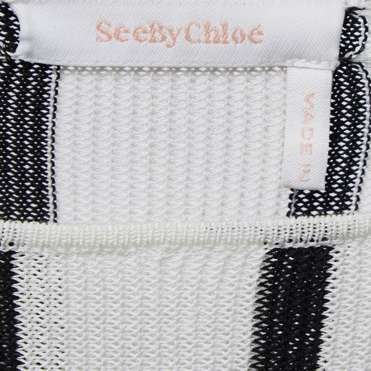 Pre Owned See by Chloe White Striped Knit String Tie Blouse L