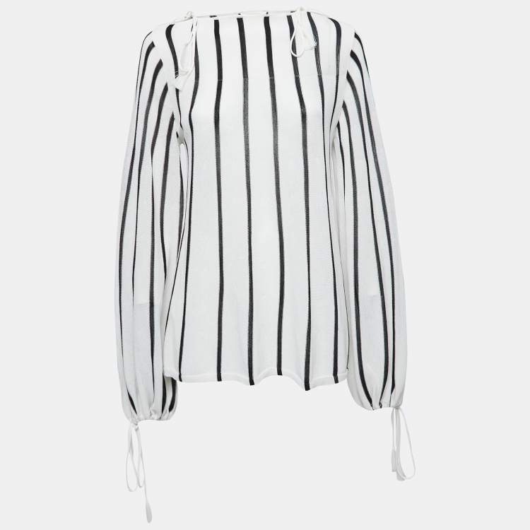 Pre Owned See by Chloe White Striped Knit String Tie Blouse L
