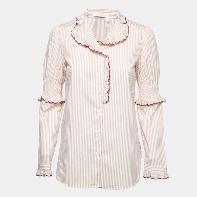 Pre Owned See by Chloe Beige Striped Cotton Ruffled Shirt S