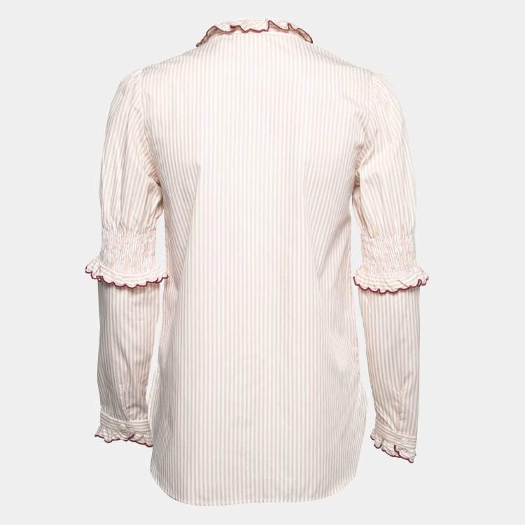 Pre Owned See by Chloe Beige Striped Cotton Ruffled Shirt S