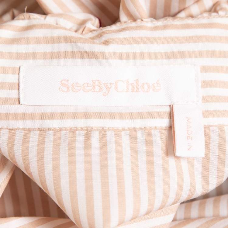 Pre Owned See by Chloe Beige Striped Cotton Ruffled Shirt S