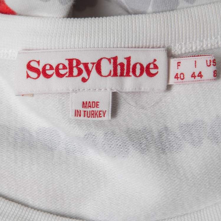 Pre Owned See by Chloe White Heart Printed Cotton Knit Long Sleeve Top L