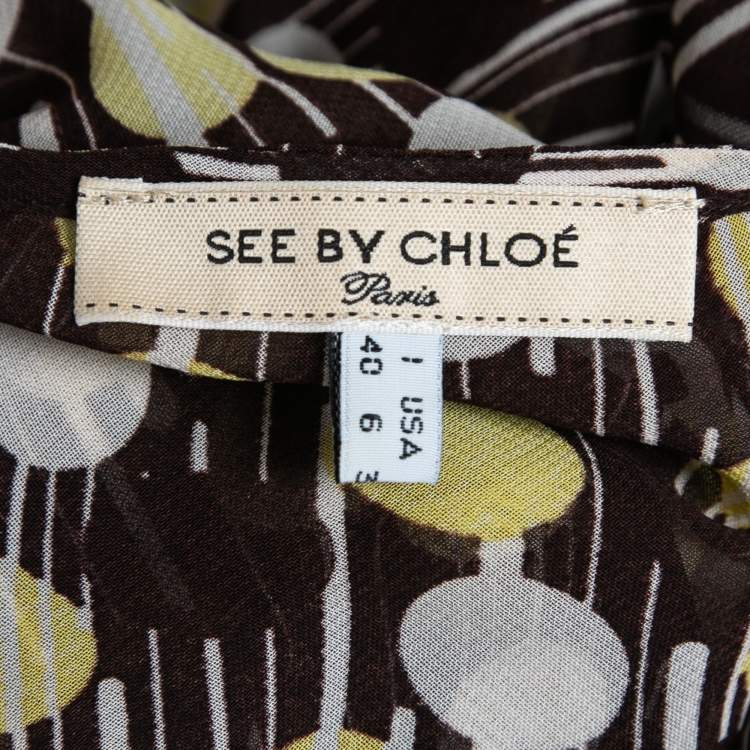 Pre Owned See by Chloe Brown Printed Georgette Tie Detail Top S