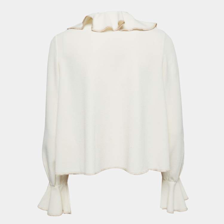 مملوكة مسبقًا See by Chloe Cream Crepe Ruffle Detail Tie Neck Detail Top S