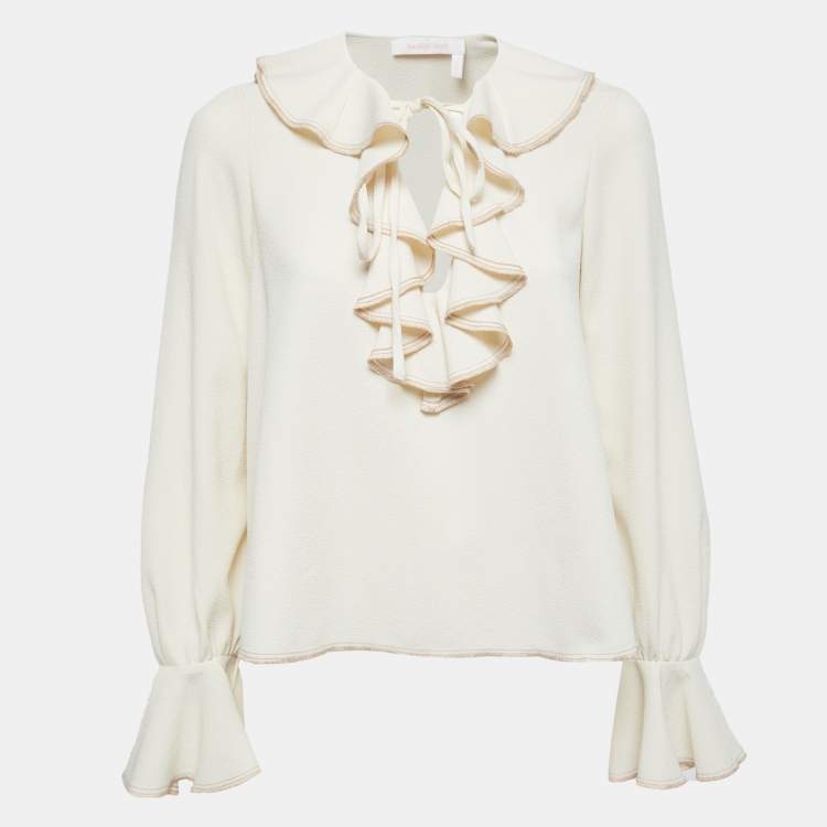مملوكة مسبقًا See by Chloe Cream Crepe Ruffle Detail Tie Neck Detail Top S