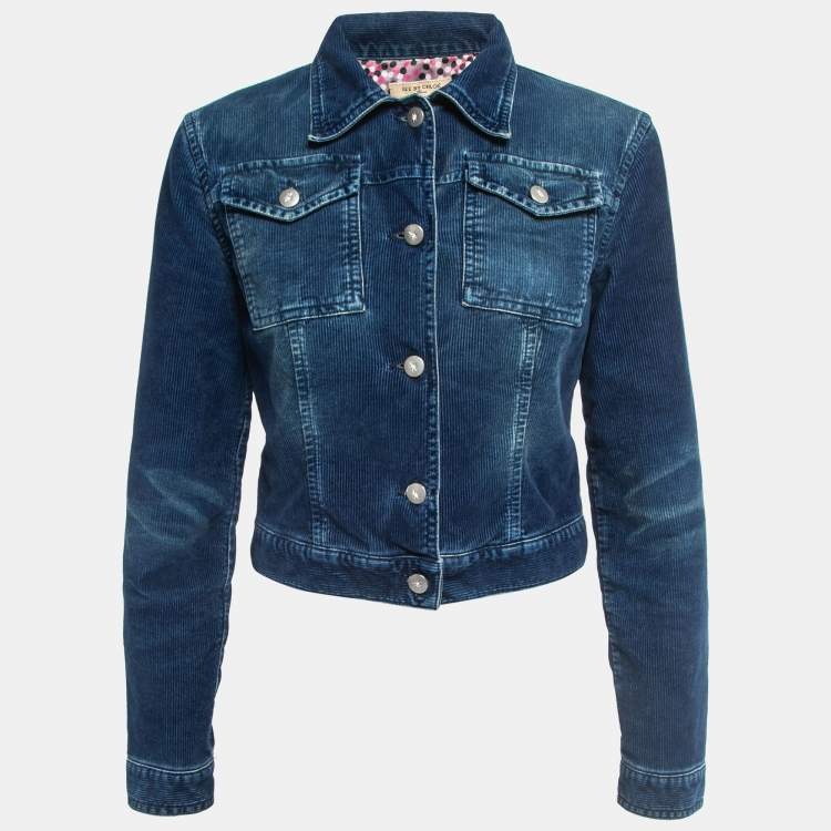 See by Chloe Blue Distressed Corduroy Button Front Cropped Jacket S See by  Chloe | The Luxury Closet