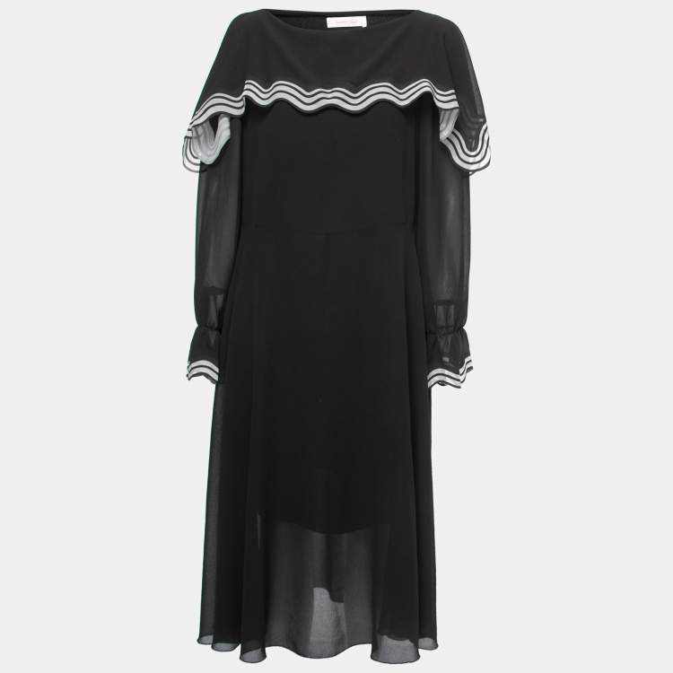 Pre Owned See by Chloe Black Chiffon Scalloped Detail Midi Dress L