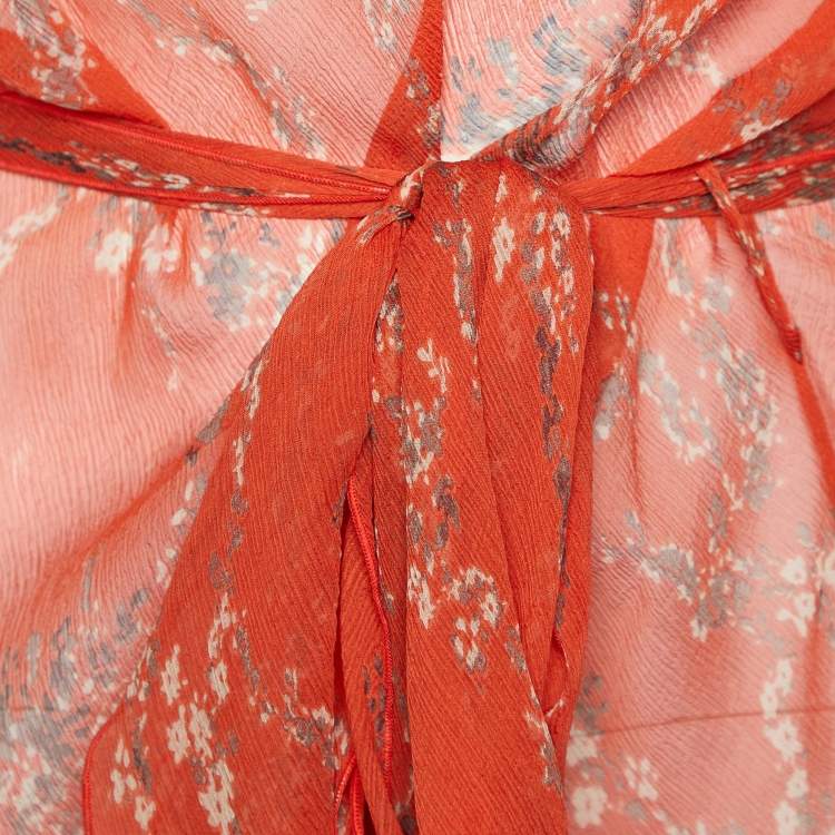 Pre Owned See by Chloe Orange Printed Silk Belted Ruffled Top M