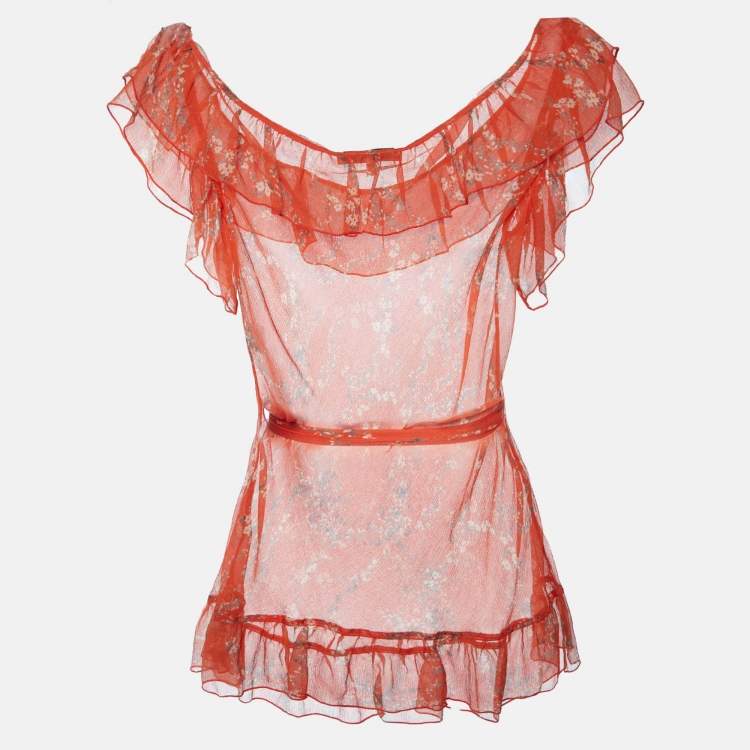 Pre Owned See by Chloe Orange Printed Silk Belted Ruffled Top M