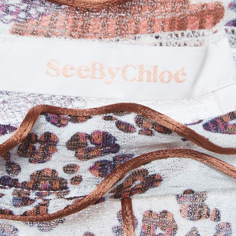 Pre Owned See by Chloe White/ Brown Floral Print Stretch Crepe Midi Dress L