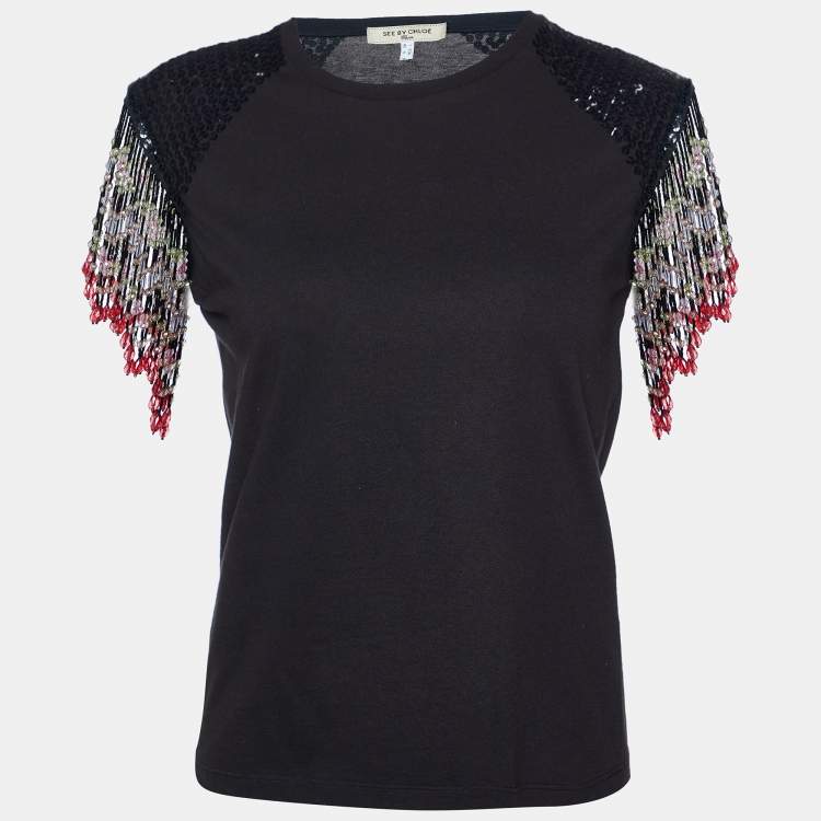 Pre Owned See by Chloe Black Beaded Tassels Sleeve Cotton Top 