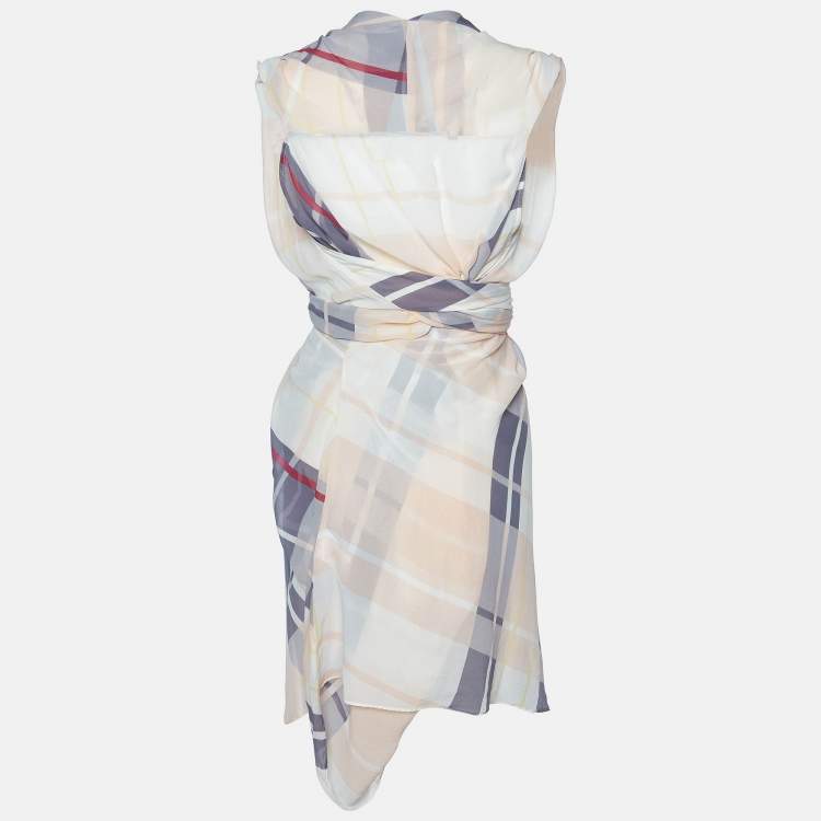 Pre Owned See by Chloe Beige Checked Silk Asymmetric Short Dress L