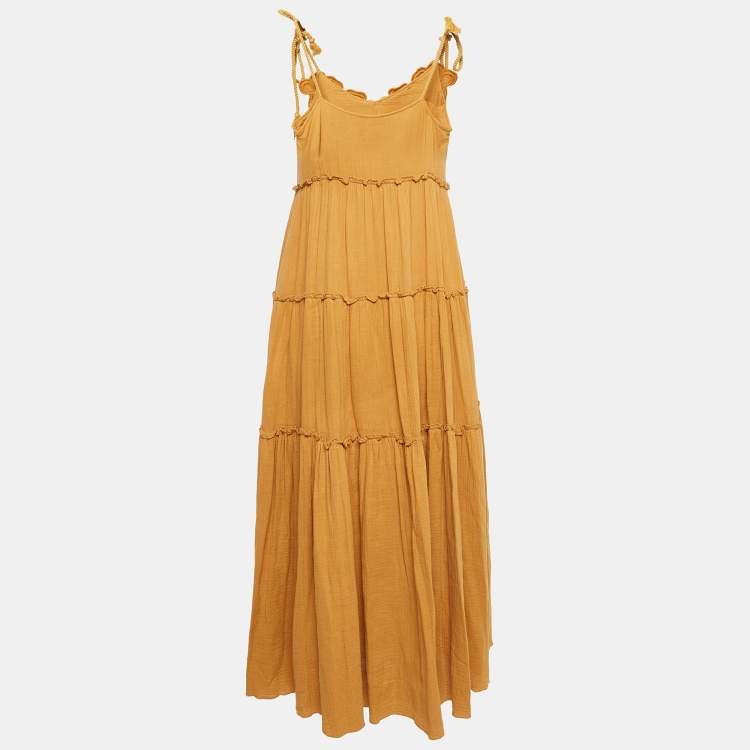 Pre Owned See by Chloe Yellow Floral Applique Cotton Tiered Maxi Dress M