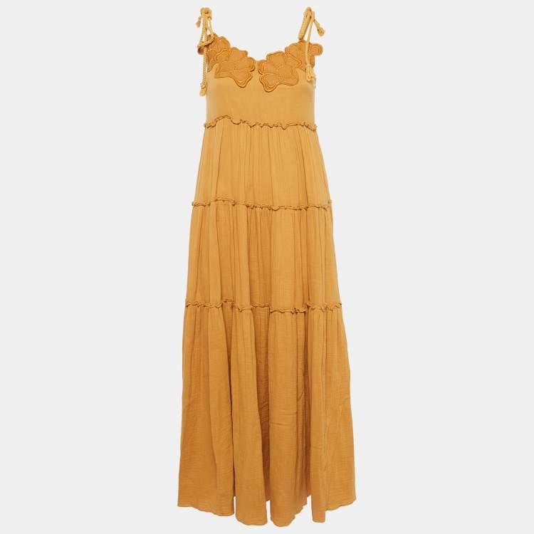 Pre Owned See by Chloe Yellow Floral Applique Cotton Tiered Maxi Dress M