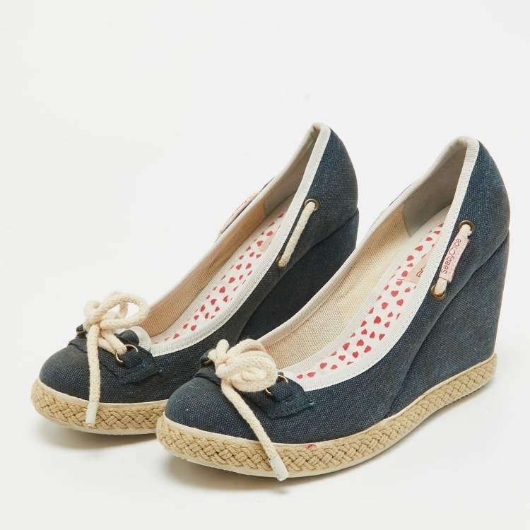 Pre Owned See by Chloe Navy Blue Denim Wedge Pumps Size 38