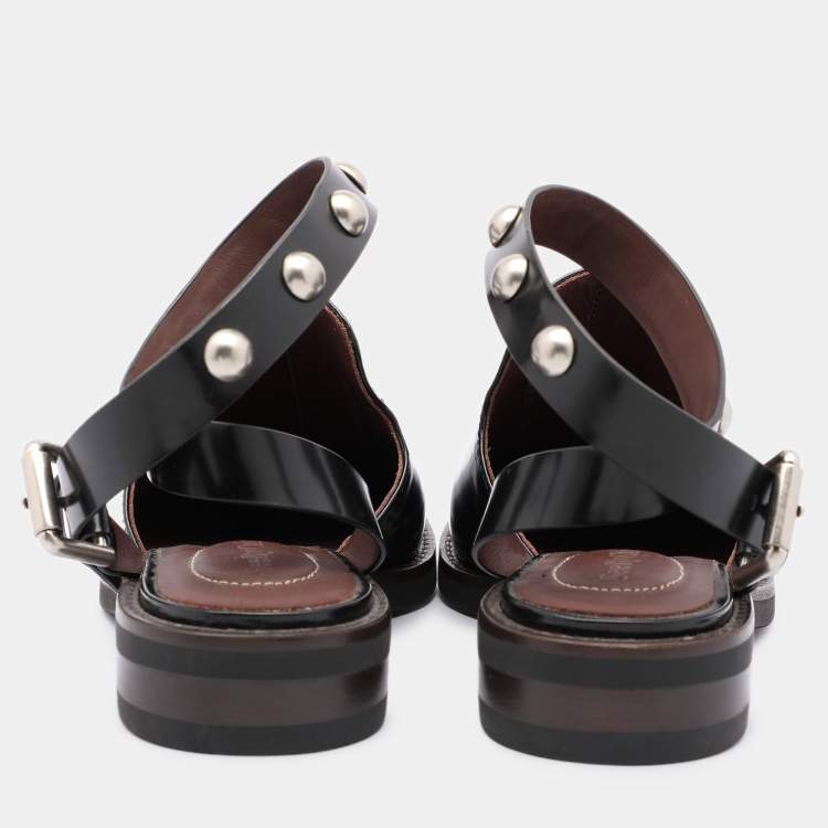 Pre Owned See by Chloe Black Leather Embellished Ankle Strap Mules Size 35