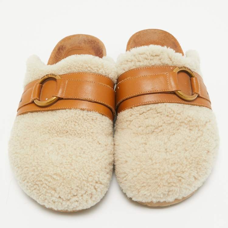 Pre Owned See by Chloe Cream Leather and Shearling Fur Mules Size 38