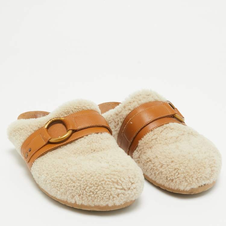 Pre Owned See by Chloe Cream Leather and Shearling Fur Mules Size 38