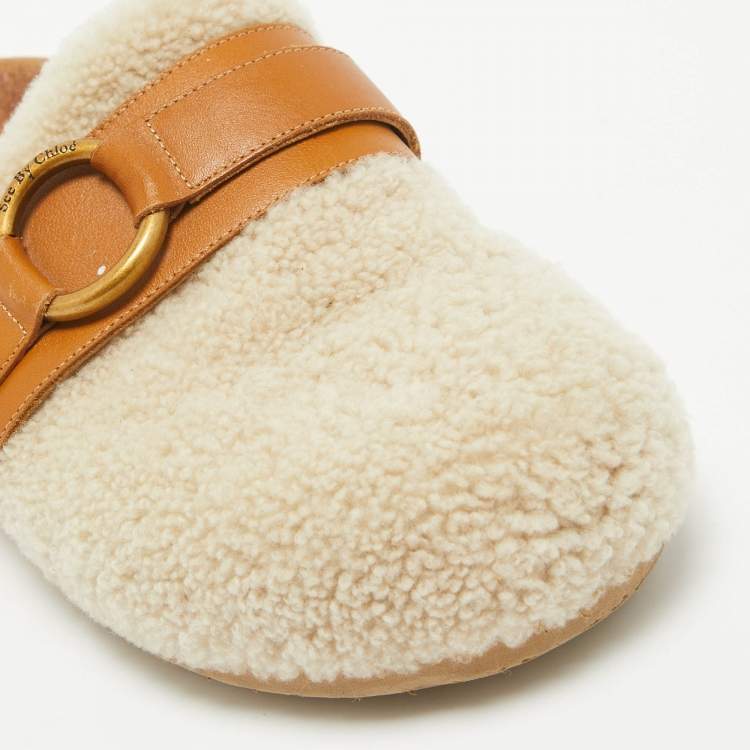 Pre Owned See by Chloe Cream Leather and Shearling Fur Mules Size 38
