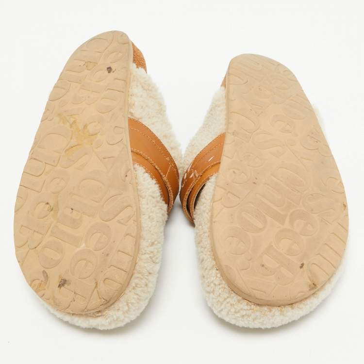 Pre Owned See by Chloe Cream Leather and Shearling Fur Mules Size 38