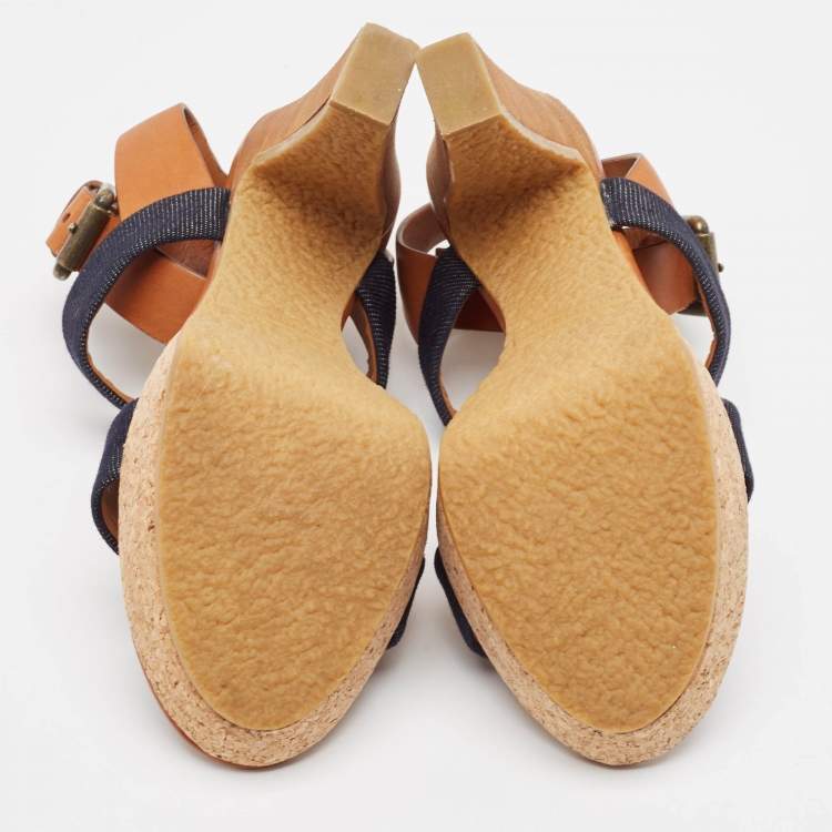Pre Owned See by Chloe Brown Canvas Denim Ankle Strap Sandals Size 36