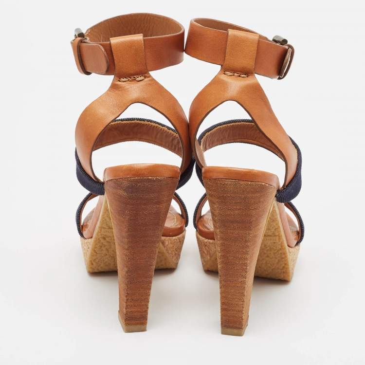 Pre Owned See by Chloe Brown Canvas Denim Ankle Strap Sandals Size 36