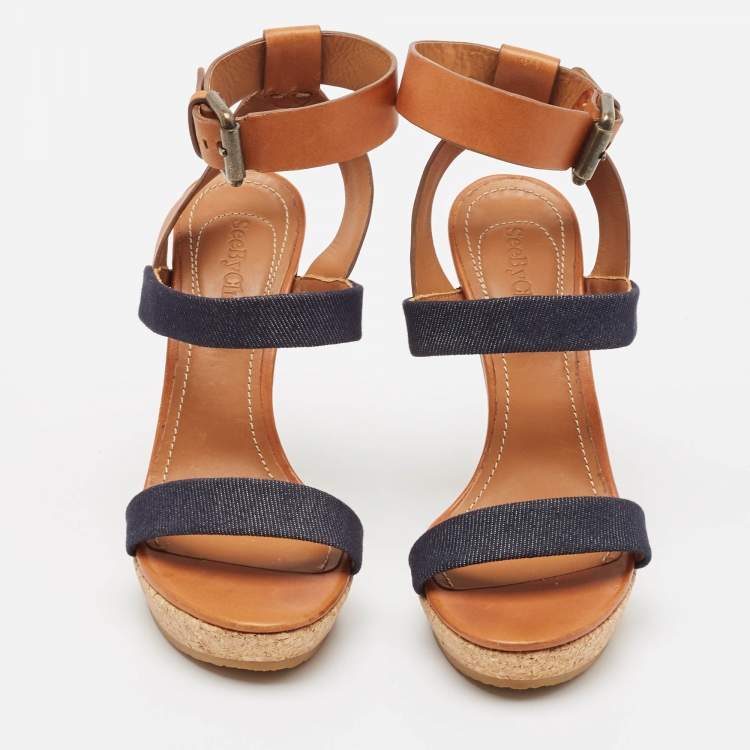 Pre Owned See by Chloe Brown Canvas Denim Ankle Strap Sandals Size 36