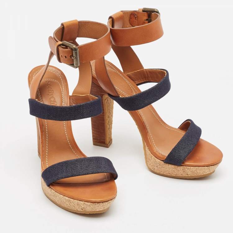 Pre Owned See by Chloe Brown Canvas Denim Ankle Strap Sandals Size 36